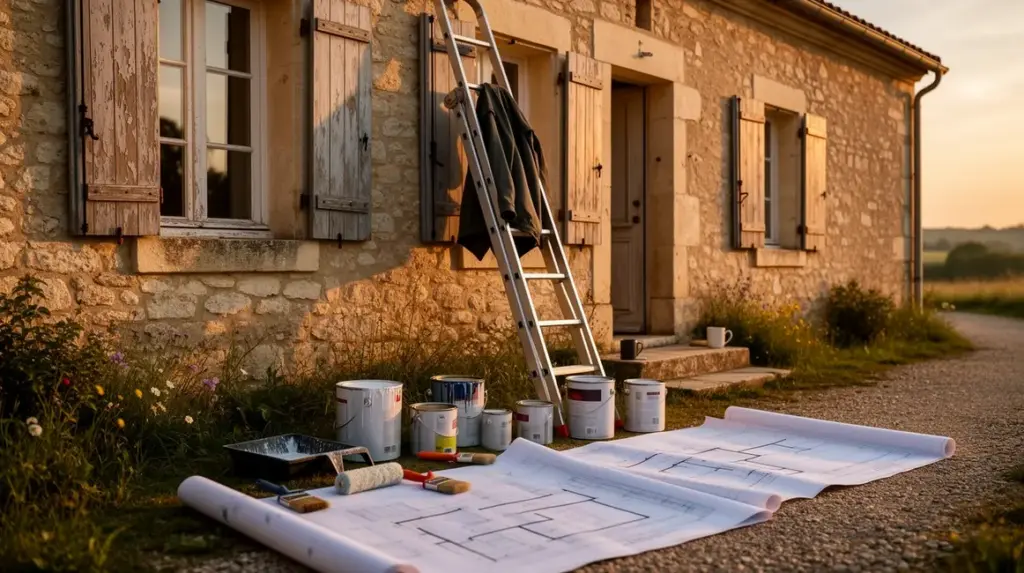 façade maison ancienne pierre rénovation volets outils