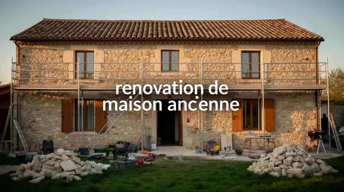 Façade maison ancienne pierre avec échafaudage et outils rénovation
