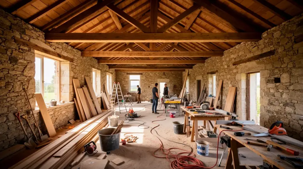 maison ancienne en rénovation charpente pierre bois massif