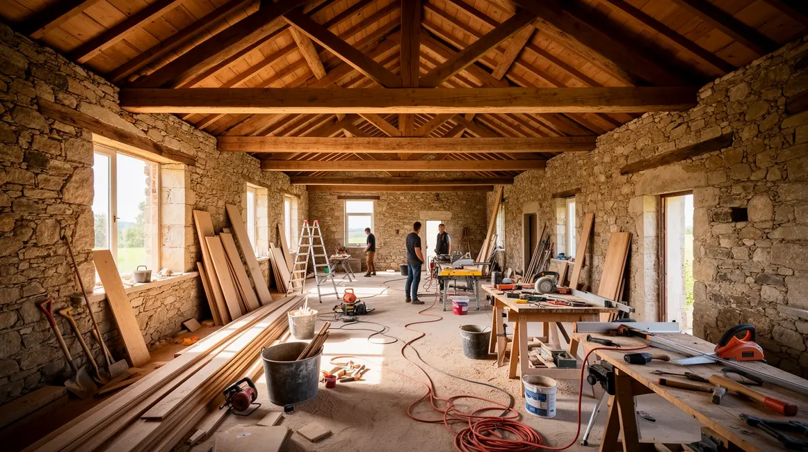 rénovation de maison ancienne : plan d’action simple et réaliste en petit budget 2 maison ancienne en rénovation charpente pierre bois massif
