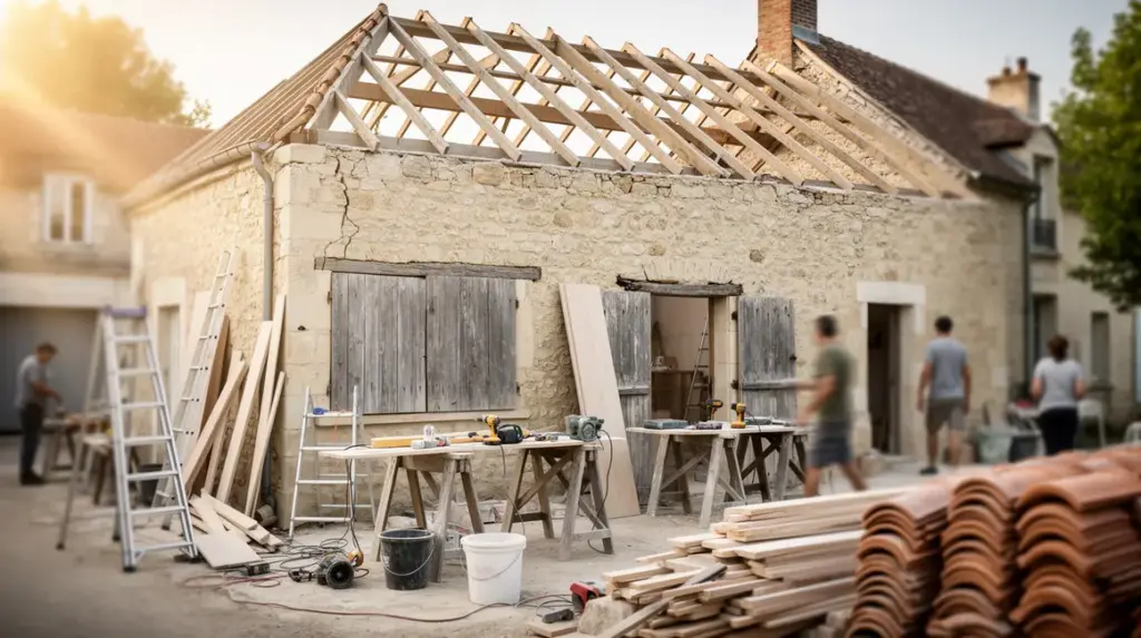 Maison ancienne en pierre et bois en rénovation chantier