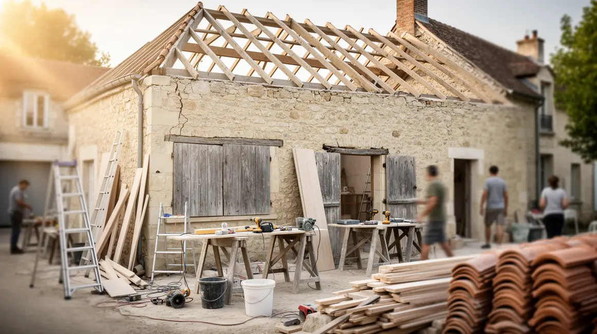 Maison ancienne en pierre et bois en rénovation chantier