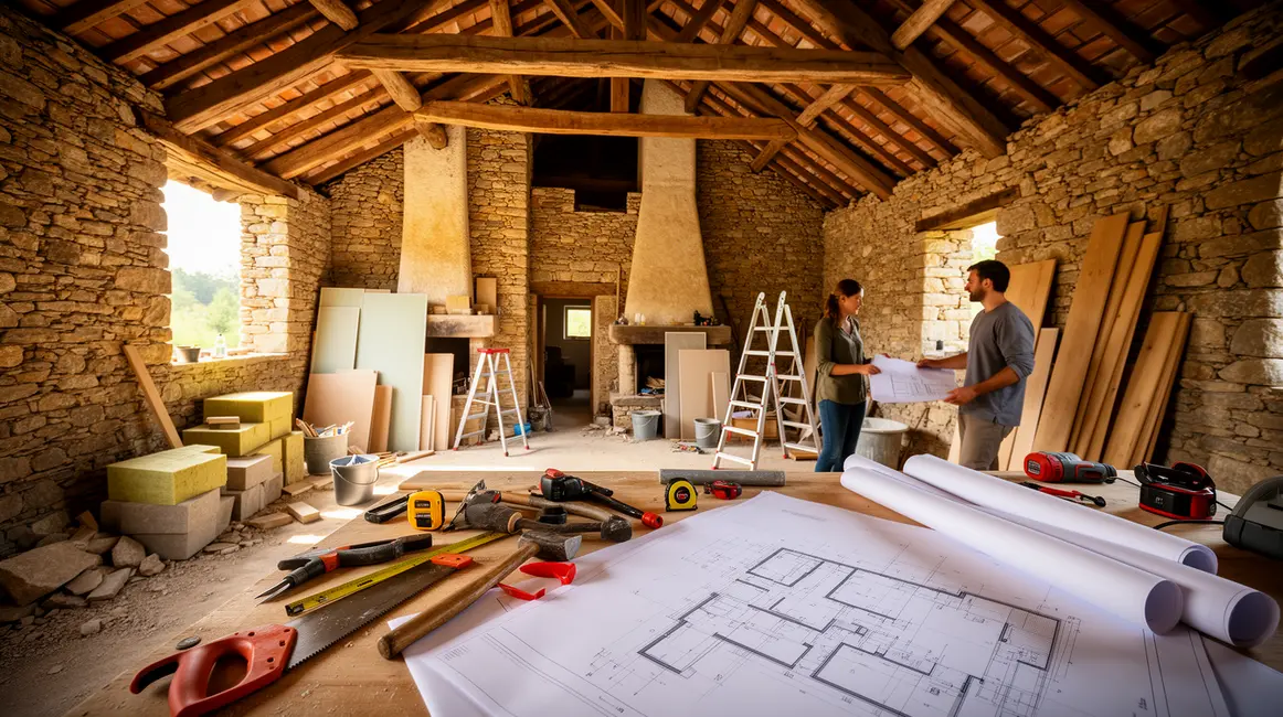 Vue réaliste maison ancienne pierre bois plans architecte
