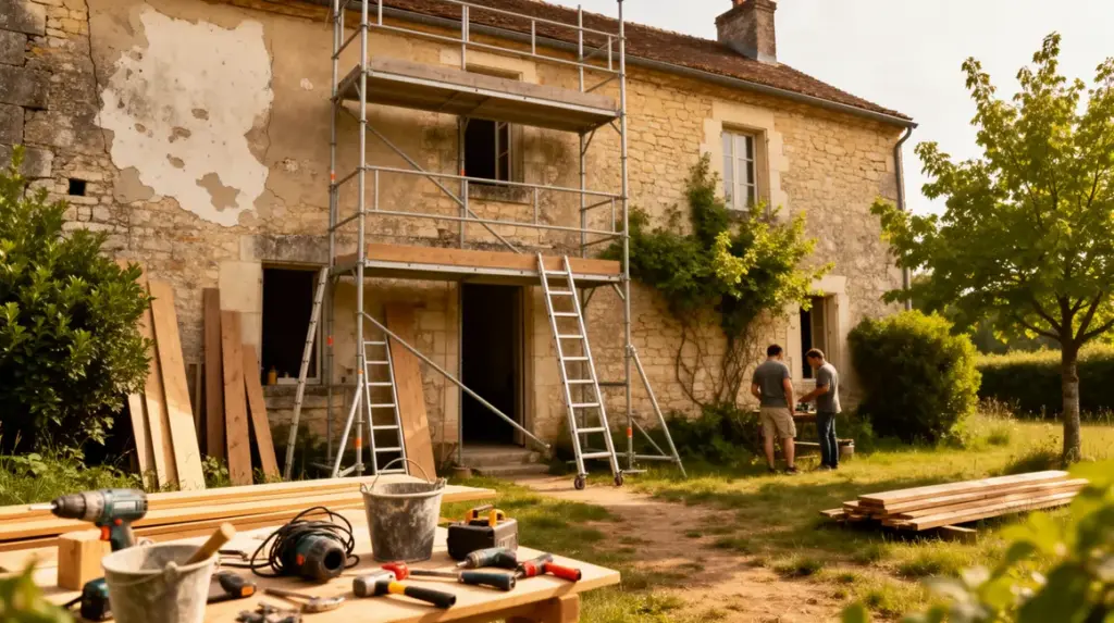 Vieille maison en pierre sur chantier rénovation