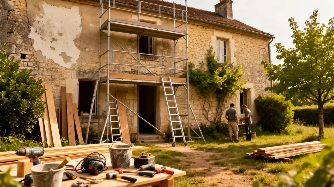 Vieille maison en pierre sur chantier rénovation