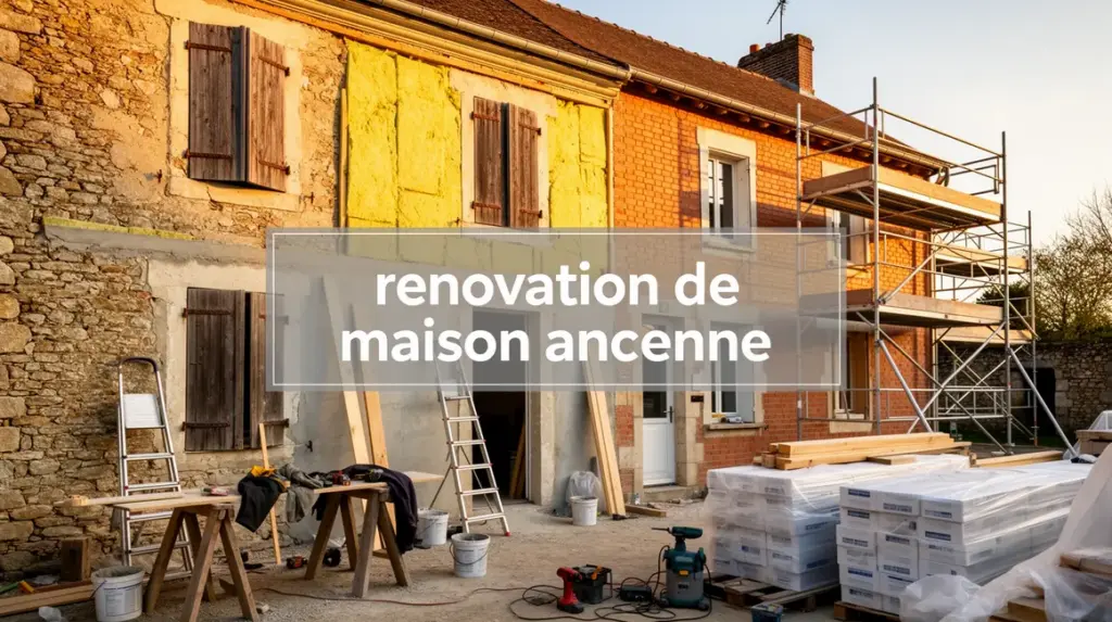 Maison ancienne en rénovation, pierre et matériaux modernes