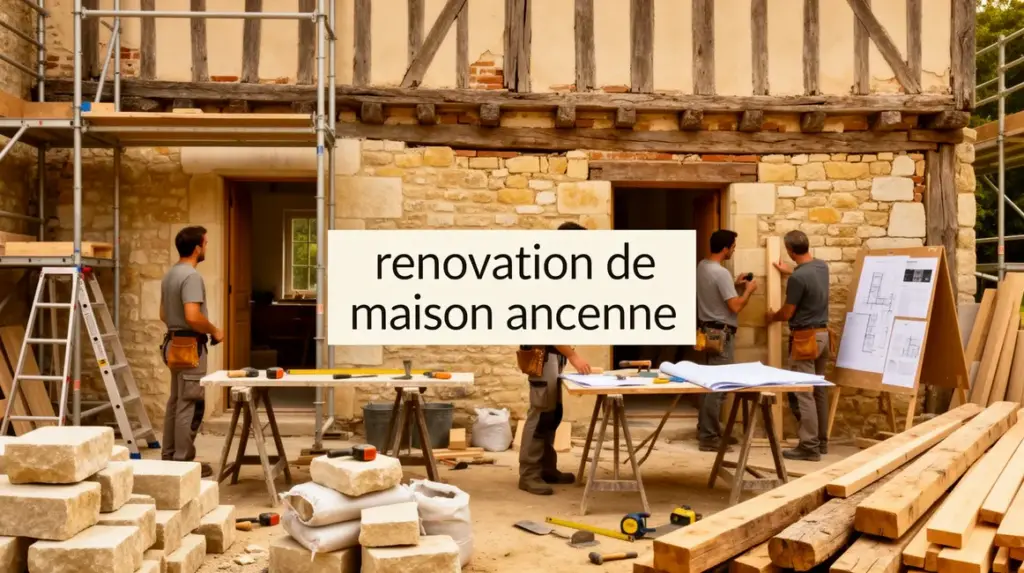 Maison ancienne en renovation avec artisans et materiaux