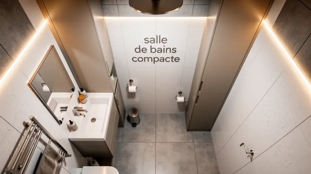Salle de bains compacte moderne vue en plongée carrelage blanc gris rangements verticaux