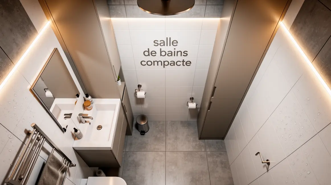 salle de bains compacte : guide débutant sans jargon 2 Salle de bains compacte moderne vue en plongée carrelage blanc gris rangements verticaux