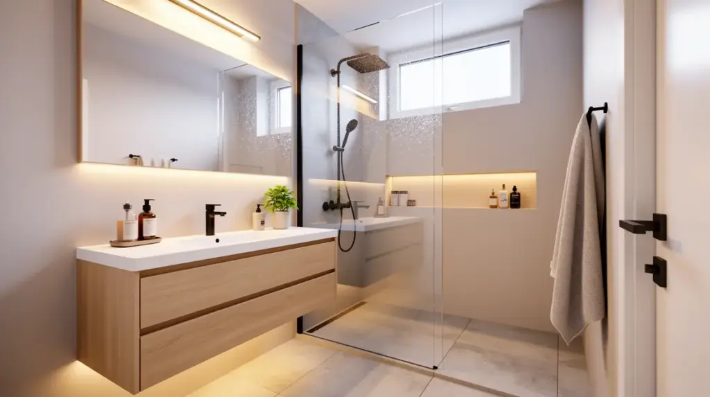 Salle de bains compacte moderne optimisée avec meubles suspendus et douche vitrée