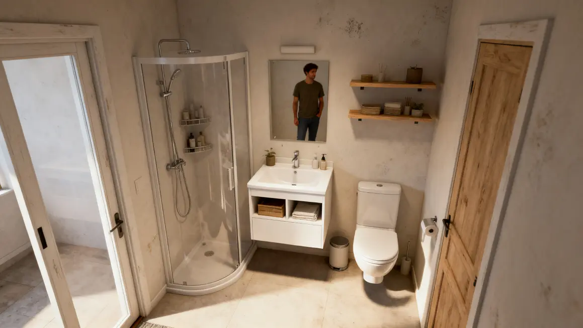 Salle de bains compacte avec douche d'angle, vasque et toilettes suspendues