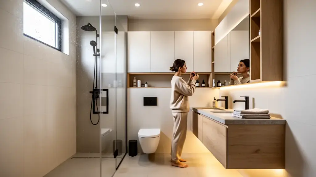 Salle de bains compacte en 2026 avec meubles suspendus et rangements design