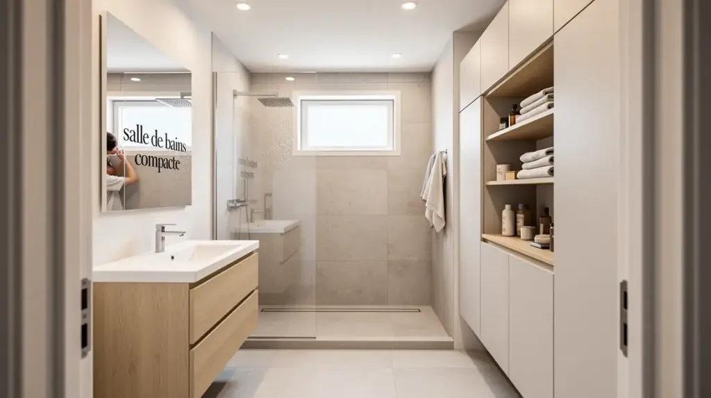 Vue d'une salle de bains compacte moderne avec douche à l'italienne et meubles suspendus
