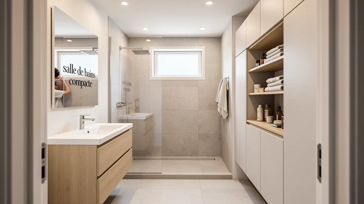 salle de bains compacte : comparatif des options possibles 2 Vue d'une salle de bains compacte moderne avec douche à l'italienne et meubles suspendus