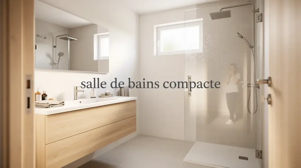 Salle de bains compacte moderne avec douche à l'italienne, meubles suspendus et grand miroir
