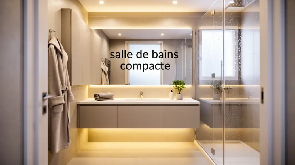 Salle de bains compacte moderne avec meuble suspendu et éclairage lumineux