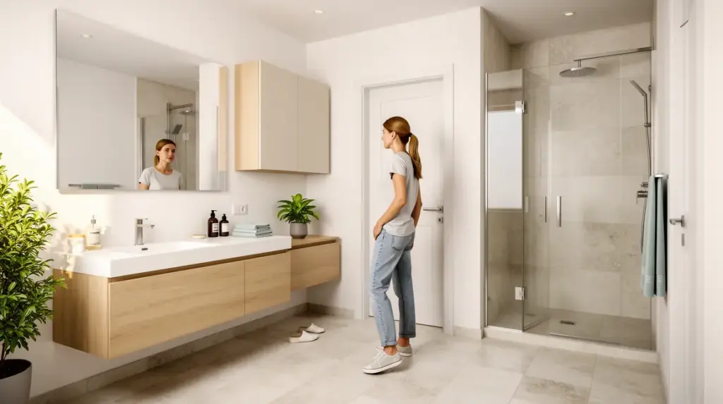 Salle de bains compacte moderne, meubles suspendus lumineux