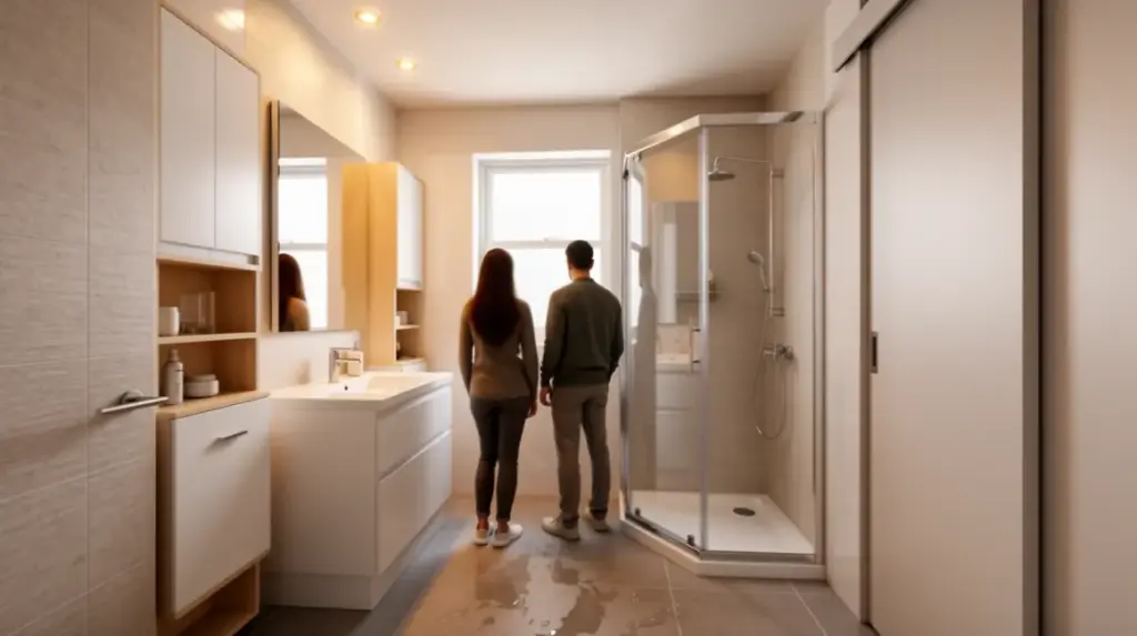 Salle de bains compacte moderne, mobilier compact et douche d'angle
