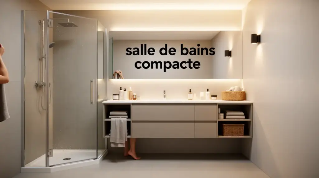 Salle de bains compacte moderne, douche et rangements
