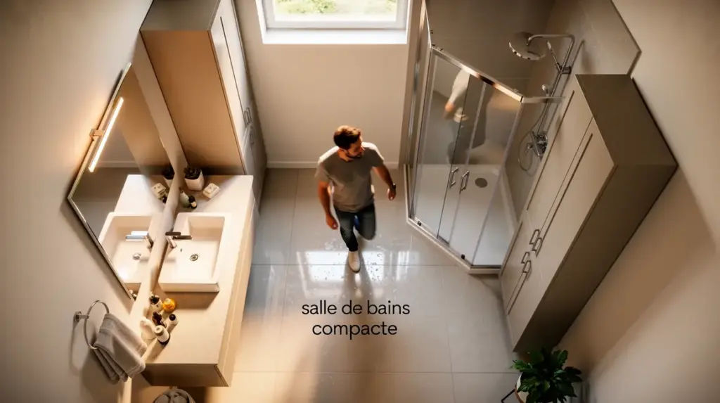 Salle de bains compacte moderne lumineuse avec douche d’angle
