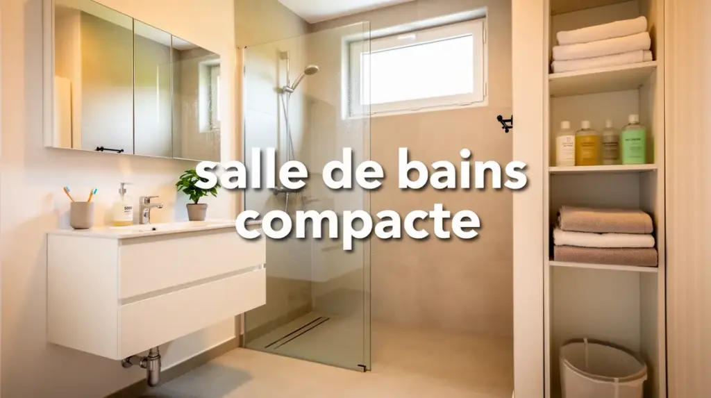 Salle de bains compacte lumineuse meubles suspendus rangement vertical douche vitree