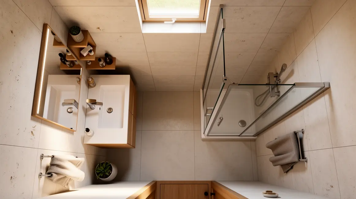 plan salle de bains compacte avec mobilier suspendu et douche d'angle