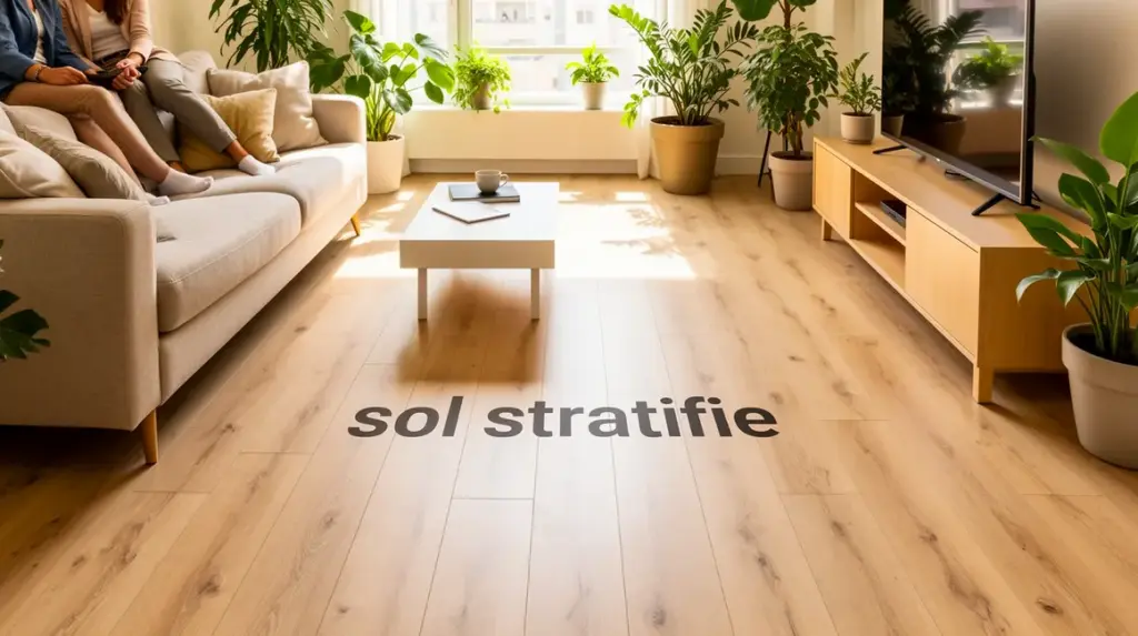 Vue d'un salon lumineux sol stratifié aspect bois clair