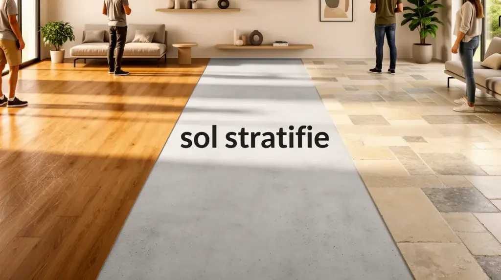 vue d'un sol stratifié bois pierre béton dans intérieur moderne