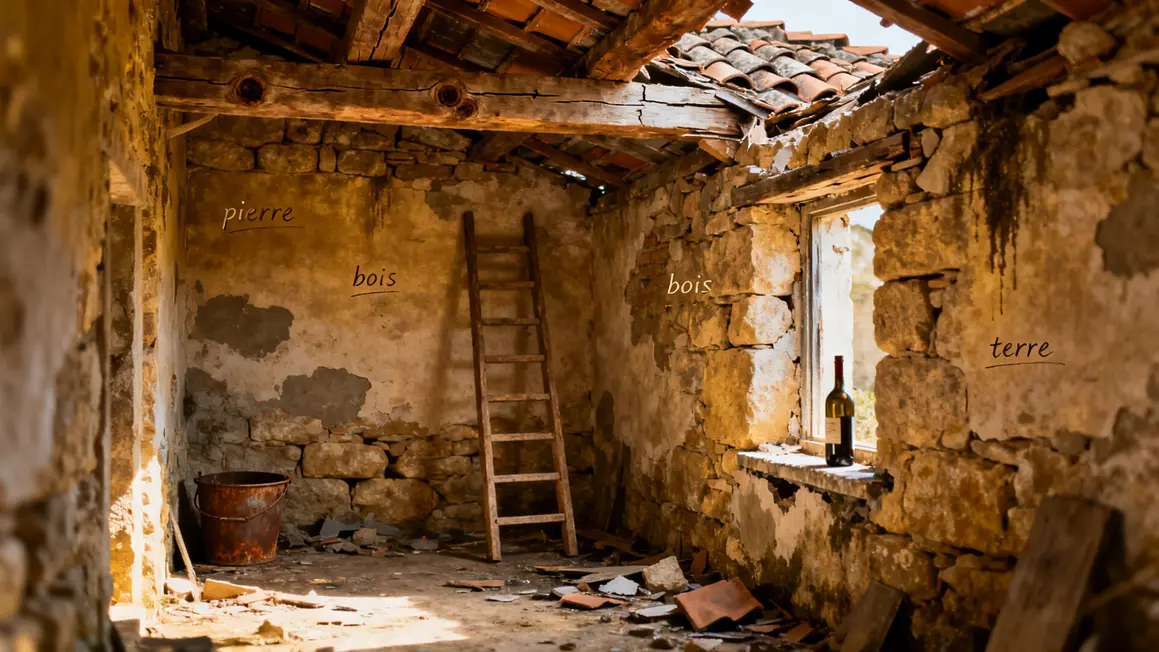 Coupe maison ancienne murs pierre charpente humidité