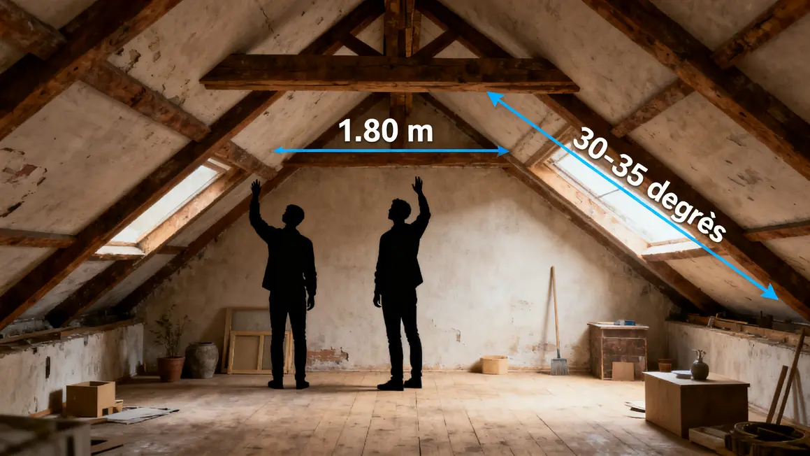 aménagement des combles : conseils concrets pour éviter les pièges en petit budget 3 diagnostic hauteur sous plafond 1.80m pente toit 30-35 degres charpente