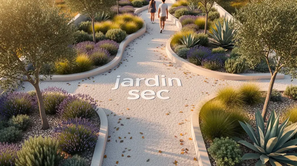 Jardin sec moderne gravier plantes mediterraneennes