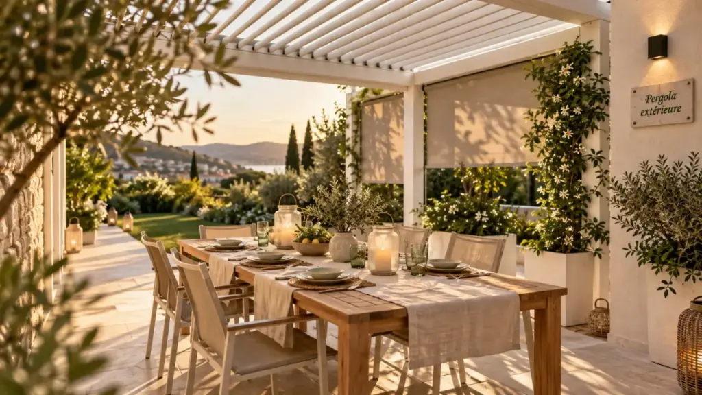 Aménagement pergola extérieur : pergola bioclimatique blanche sur terrasse