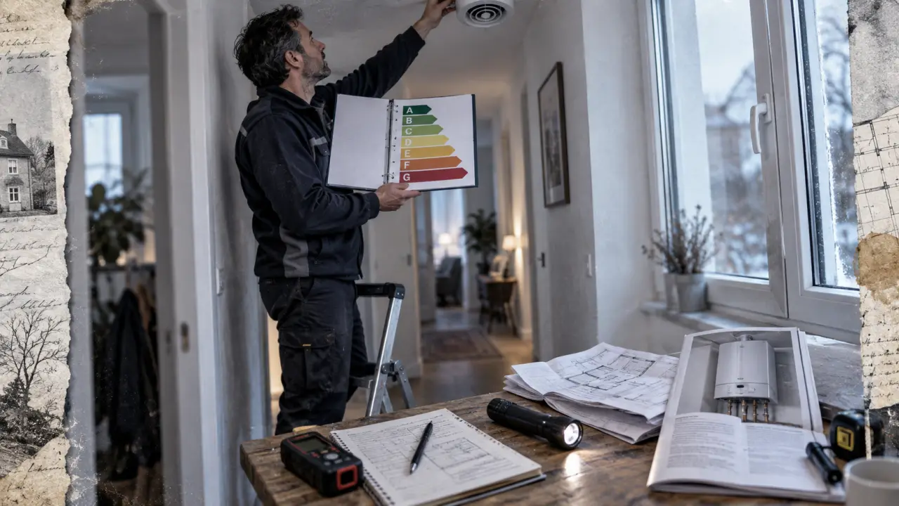 Comment se passe un DPE : diagnostiqueur en logement avec classeur DPE et étiquettes A à G