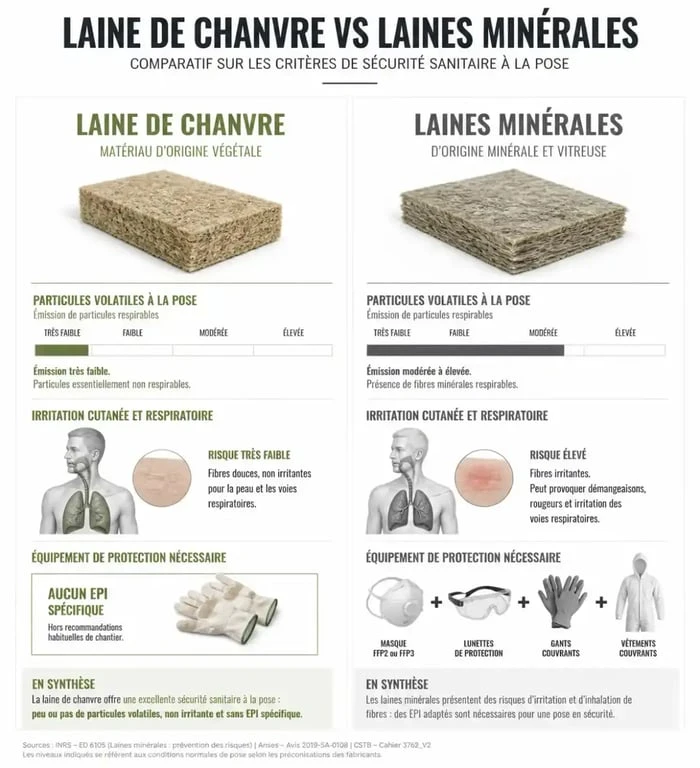 Laine de chanvre danger : ce que révèle vraiment sa composition 3 Laine de chanvre danger comparé aux laines minérales : irritation et particules volatiles