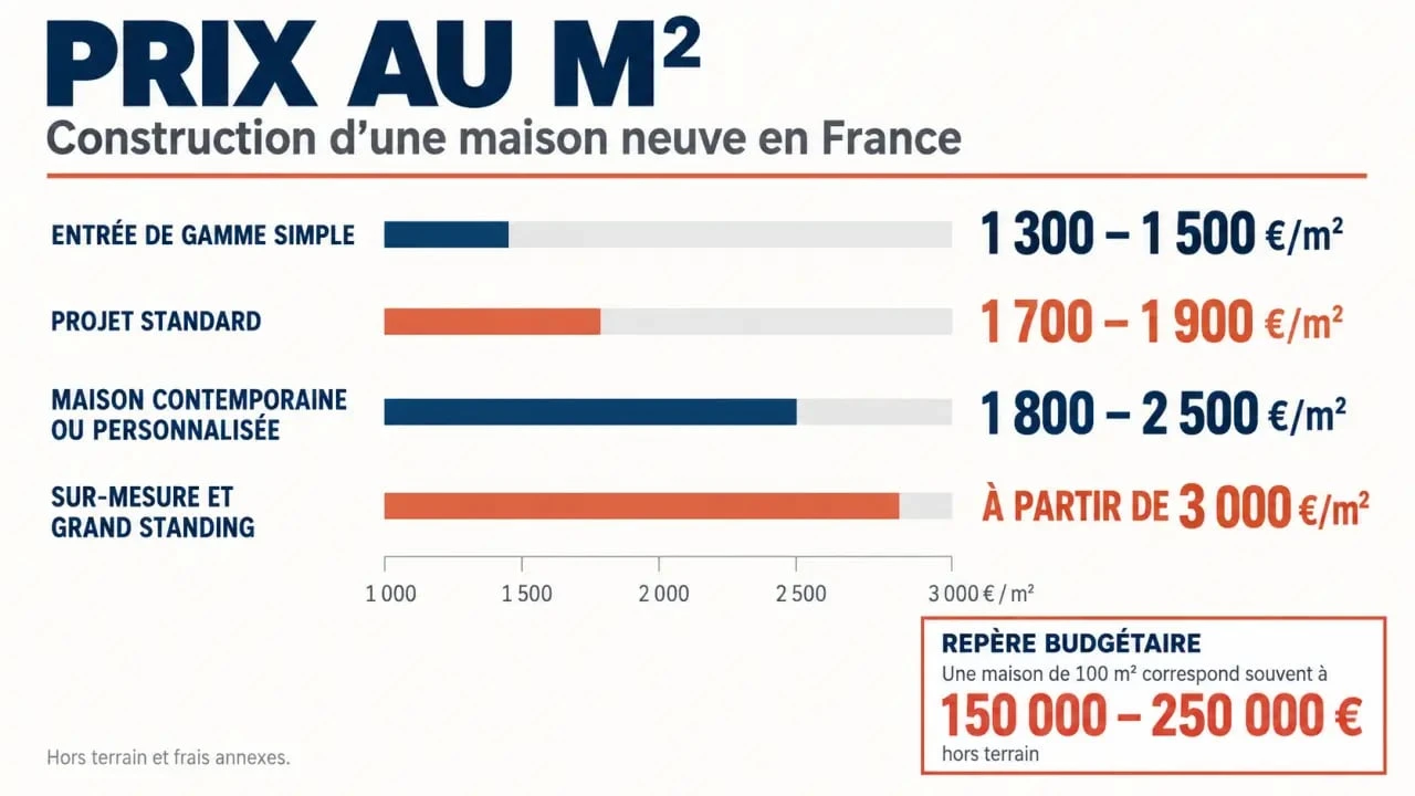 Prix m2 construction maison neuve : fourchettes de budget selon le niveau de gamme