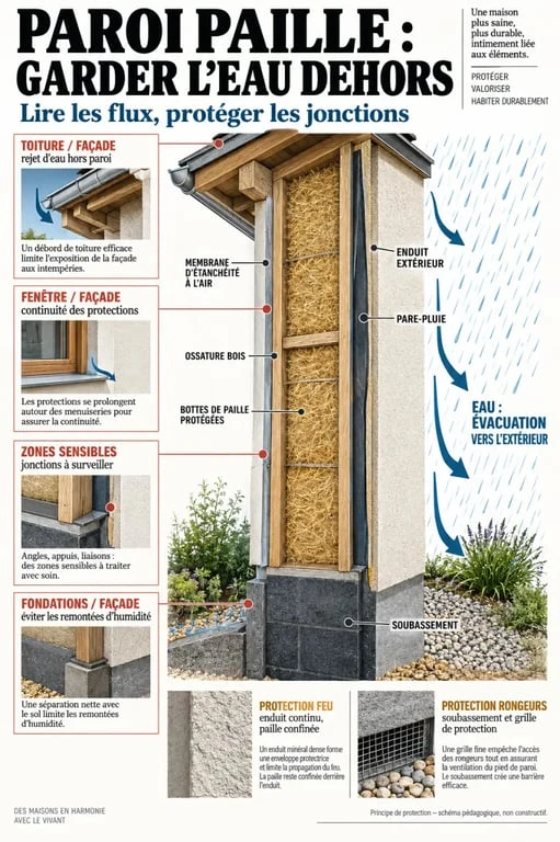 Schéma des protections et des risques d'humidité d'une maison en paille : principaux inconvénients