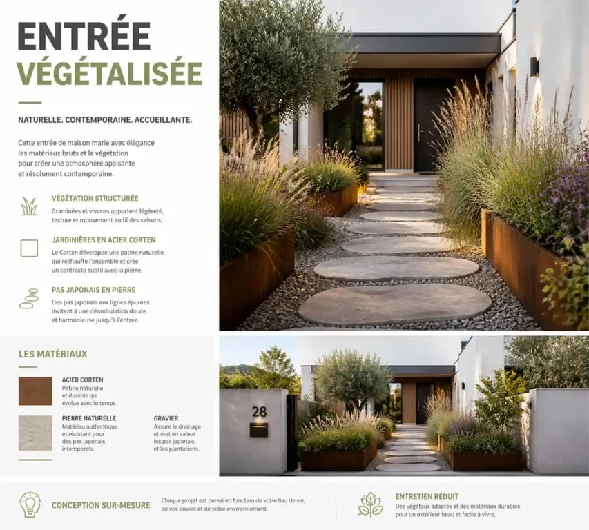 Aménagement végétalisé d'une entrée de maison originale