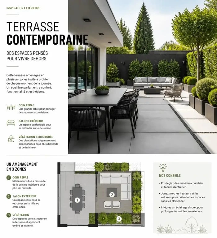 Terrasse maison moderne : matériaux, budget et aménagements pour un extérieur design 5 Aménagement de terrasse maison moderne avec zones de vie distinctes