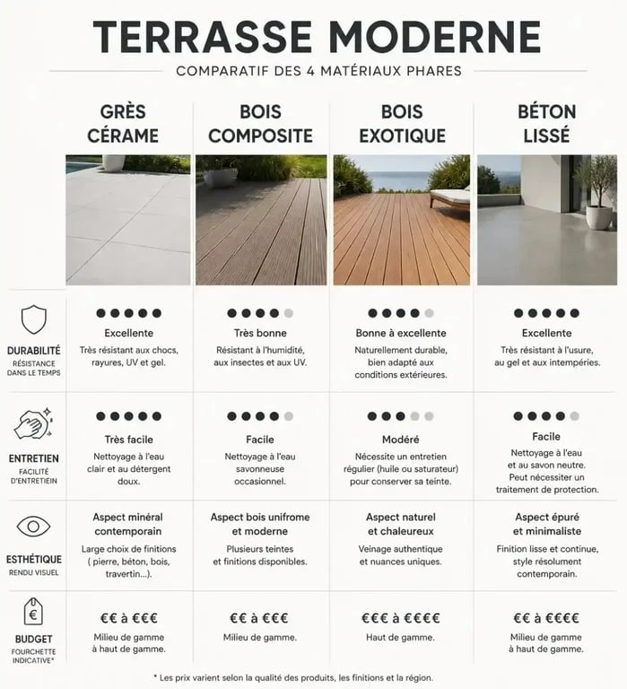 Terrasse maison moderne : matériaux, budget et aménagements pour un extérieur design 3 Comparatif des matériaux pour terrasse maison moderne : grès cérame, bois et béton