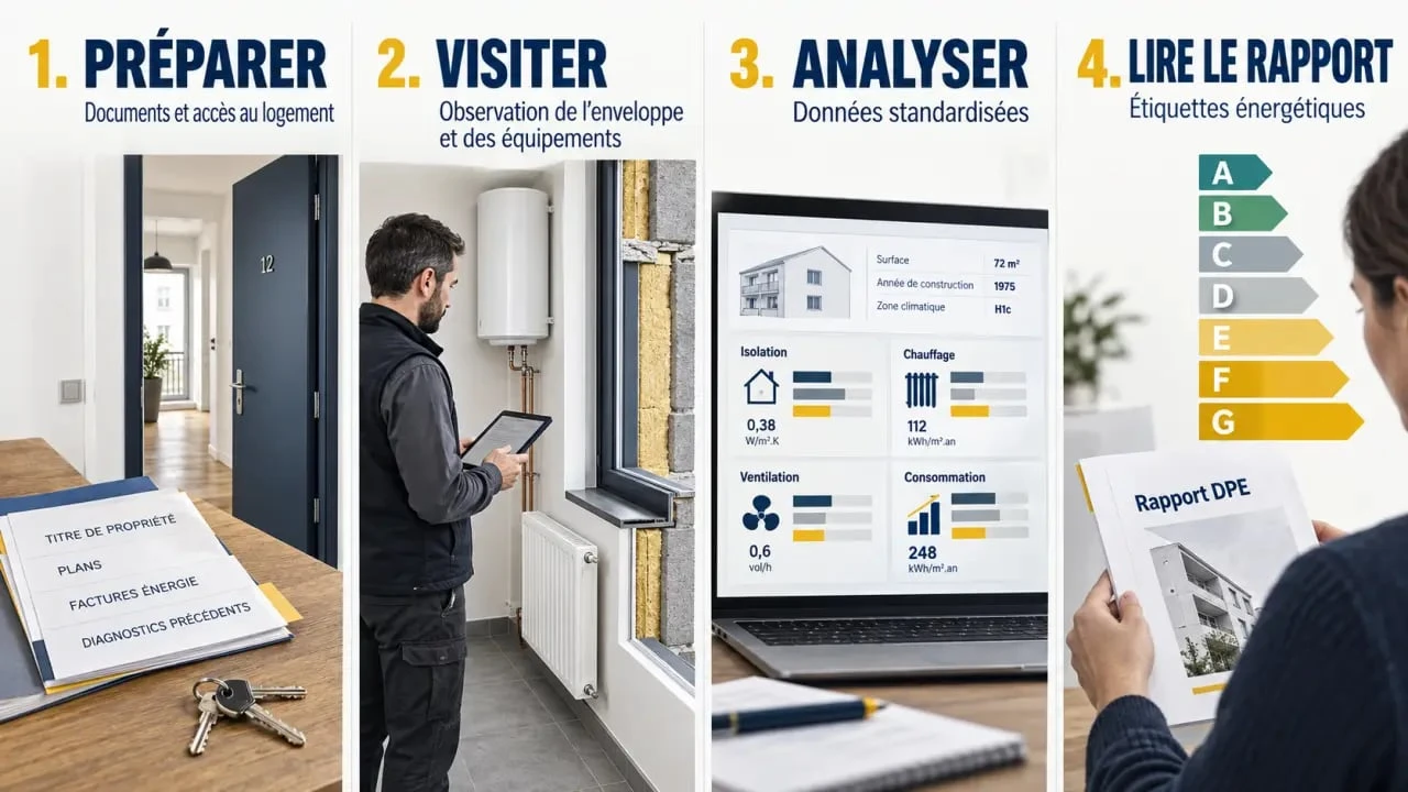 Illustration des étapes de comment se passe un DPE, de la préparation du rendez-vous à la lecture du rapport