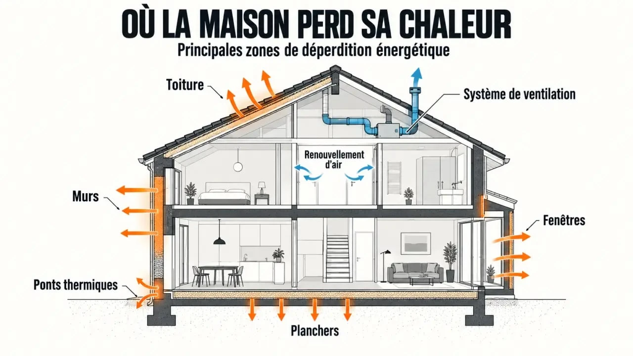Audit énergétique exemple : infographie des principales déperditions de chaleur d’une maison
