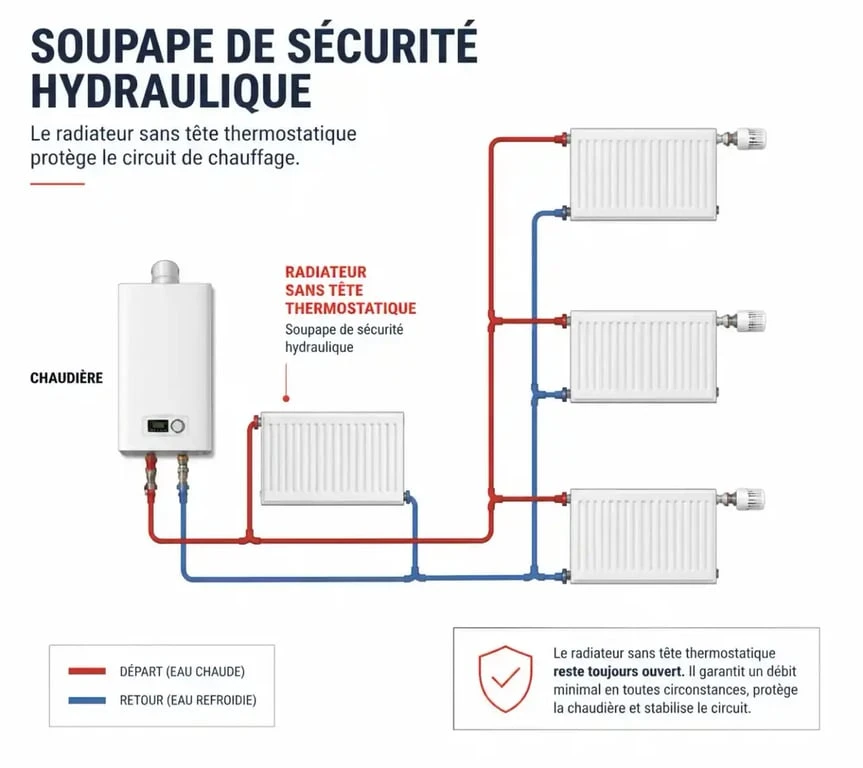 Robinet thermostatique sur tous les radiateurs : pourquoi il faut toujours en garder un sans 3 Schéma expliquant pourquoi on ne peut pas mettre des robinets thermostatiques sur tous les radiateurs d'une installation à chaudière individuelle