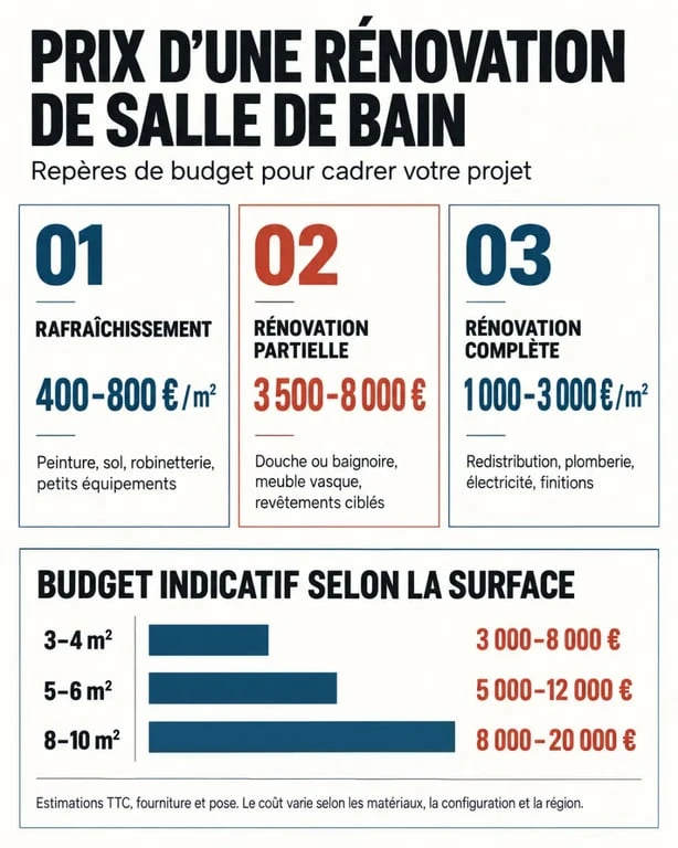 Prix d’une rénovation de salle de bain : les budgets selon l’ampleur des travaux 3 Infographie du prix renovation salle de bain selon le niveau de travaux et la surface