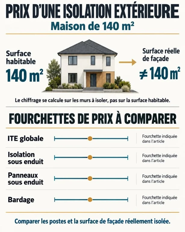 Le prix d’une isolation extérieure pour une maison de 140 m² varie de 14 000 à 28 000 €, selon la façade 3 Infographie sur le prix d’une isolation extérieure pour une maison de 140 m²