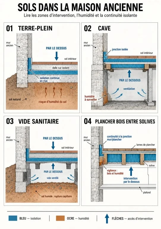 Isoler le sol d’une maison ancienne : l’humidité peut ruiner vos travaux 3 Infographie pour isoler le sol d’une maison ancienne selon la configuration existante