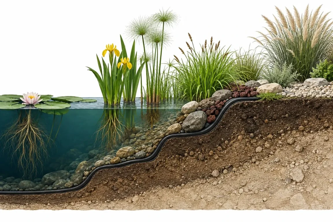 Aménager un bassin extérieur : des berges vivantes et une eau plus claire 4 Idée aménagement bassin extérieur avec plantations par niveaux et bordure en galets