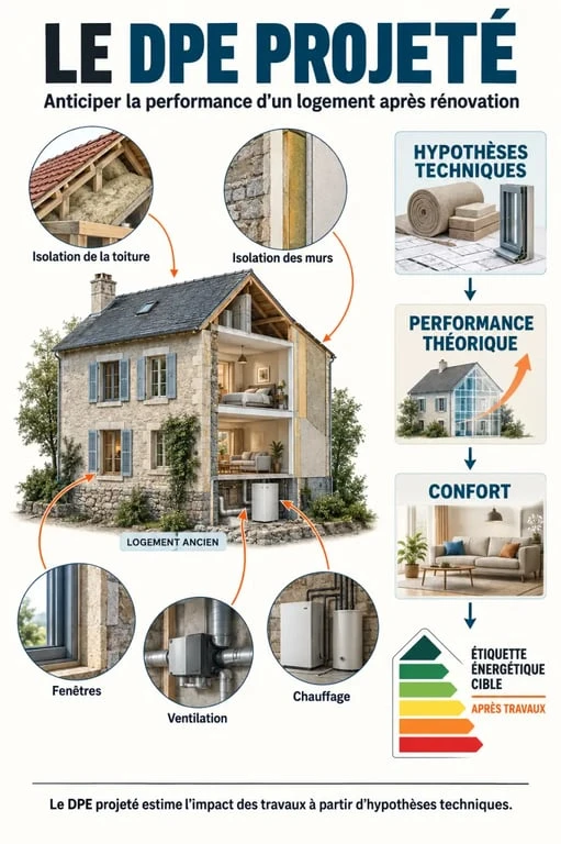 Infographie sur le DPE projeté et les travaux de rénovation énergétique