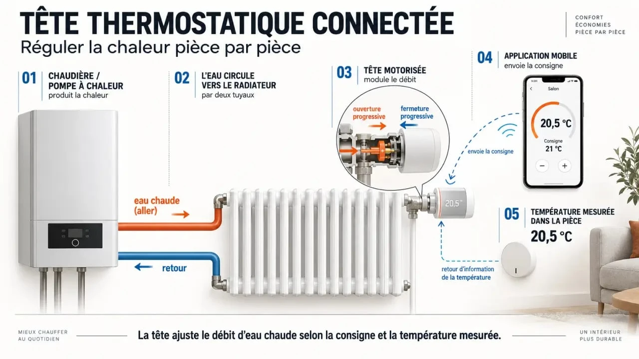 Schéma du fonctionnement d’une tête thermostatique connectée sur un radiateur à eau chaude