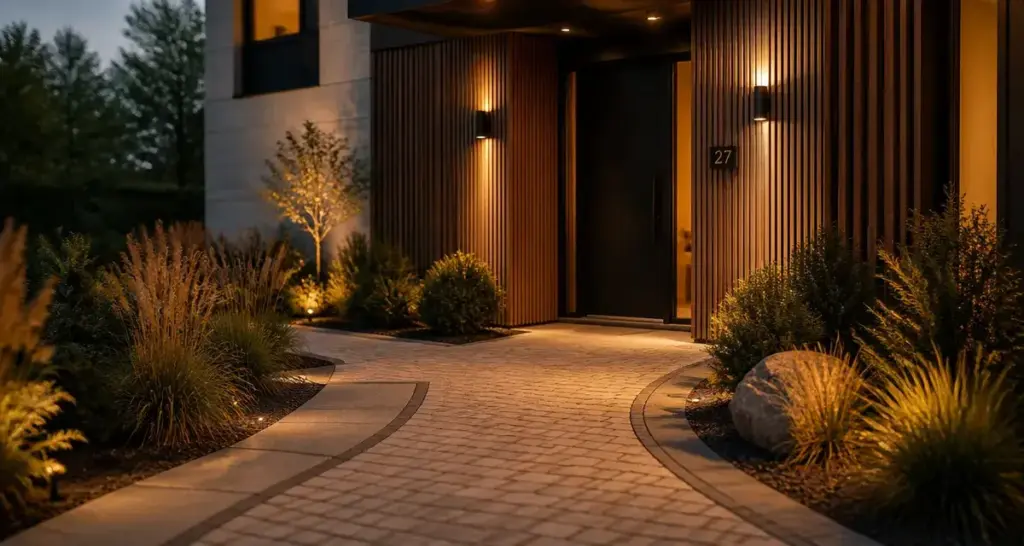 Entrée maison extérieur originale, façade contemporaine avec porte et jardin