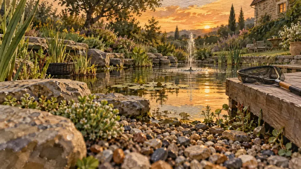 Idée aménagement bassin extérieur : berges végétalisées et eau claire